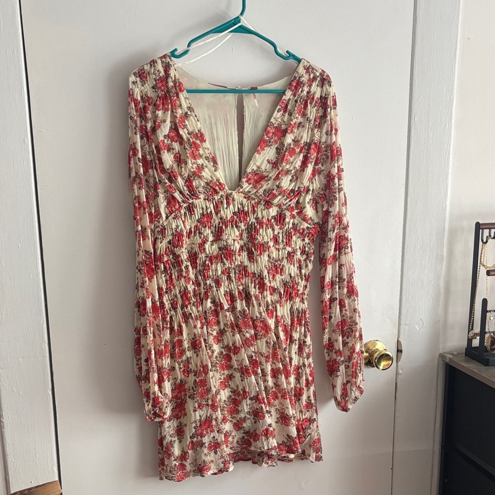 Free People V-Neck Long Sleeve Mini Dress - Red Rose size Large